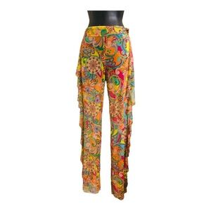 Retro groovy multicolor banded waist ruffle sides sheer beach coverup pants sz M